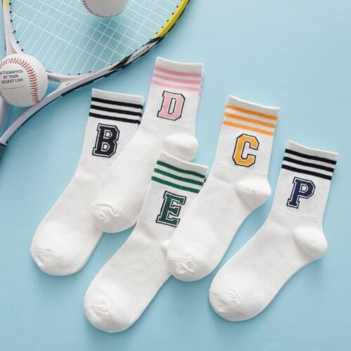 5 Pairs Japanese Women Ankle Socks Harajuku Letters B/C/D/E/P 3 Stripes Hosiery NEW