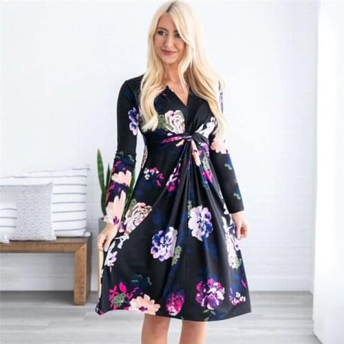 Meileiya 2019 autumn new womens dress fashion V-neck Ladies dress casual long-sleeved printed dress female