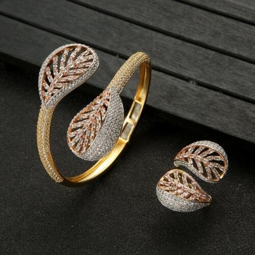Luxury Leaf Bangle Ring Sets Cubic Zirconia CZ Dubai Bridal Jewelry Sets For Women Wedding brincos para as mulheres 2021
