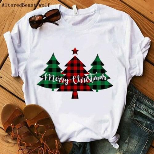 Christmas tshirt women plaid tree print christmas T Shirt female white casual short sleeve harajuku women vogue clothes tops
