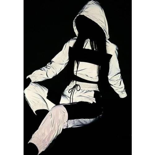 2 Piece Reflective Tracksuits Set Women Jogger Glow Set Luminous Drawstring Hoodies Jackets Sweatpants Two Piece Suits Plus Size