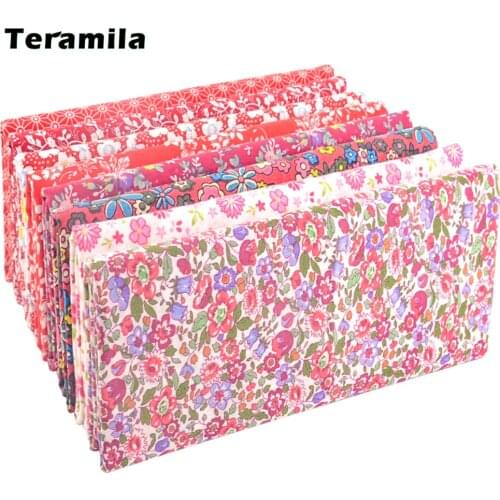 Teramila Grid Pattern Red Floral Plain 100% Cotton Printed Patchwork Cloth Fabric for Arts Sewing DIY Handmade Crafts Needlework