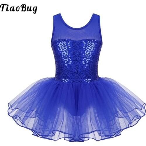 TiaoBug Kids Girls Dancewear Sleeveless Stretch Mesh Splice Sequins Ballet Dance Gymnastics Leotard Mesh Tutu Dress