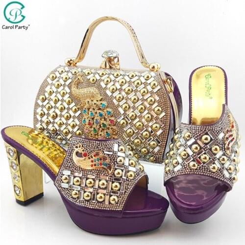 African Newest Purple Color Italian Design Special Phoenix Shape Metal Decoration Platform Party Ladies Shoes and Bag Set
