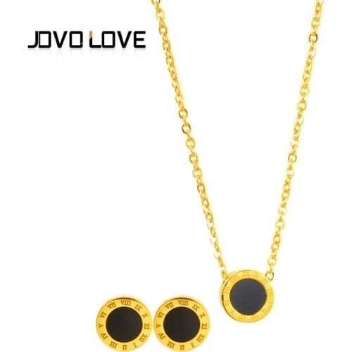 JOVO Vintage Roman Numerals Round Necklaces and Earrings Set for Women Wedding Jewelry Gift Lovely Black Color Europe Style