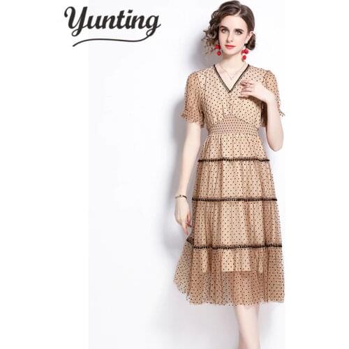 Vintage Women Summer Dress 2021 Casual V-neck Short Sleeve A-line Chiffon Beach Midi Dresses Vestidos