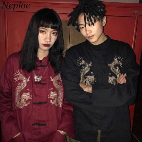 Neploe Vintage Stand Neck Blouses 2020 New Women Men Shirt Dragon Embroidery Chinese Style Blouse Long Sleeve Blusas Tops 37855