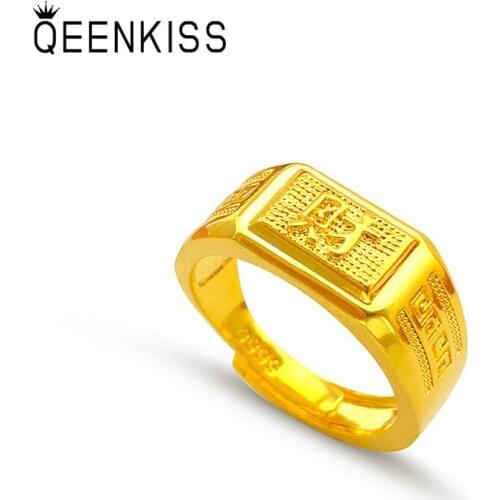 QEENKISS RG520 Fine Hot Jewelry Wholesale Fashion Man Birthday Wedding Gift Round FU CAI FU Wide 10mm 24KT Gold Resizable Ring