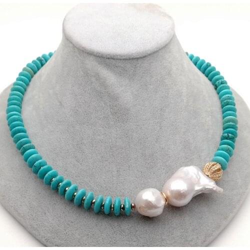 YYGEM natural Nucleated Flameball Baroque Pearl rondelle hematite Blue Turquoise choker Necklace Ethnic style party gift