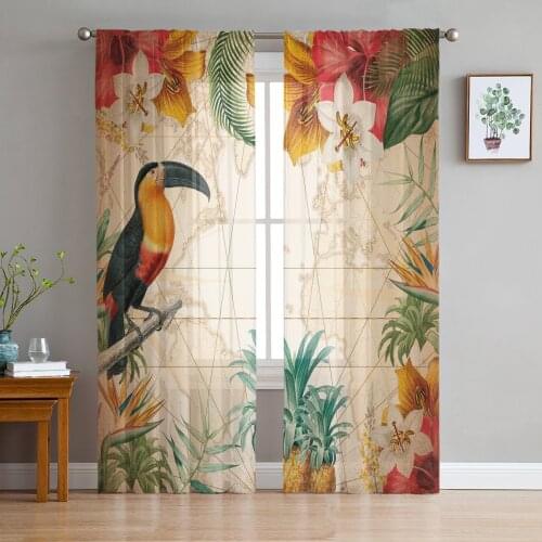 Toucan Flower Fruit Pineapple Map Voile Tulle Sheer Curtains for Bedroom Living Room Kitchen Decor Chiffon Windows Curtain