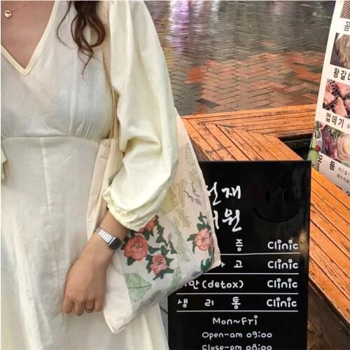 Women Retro Rose Flower Canvas Shopping Bag Cotton Cloth Shoulder Bag Eco Ladies Handbag Tote Reusable Grocery Shopper Bags 2021