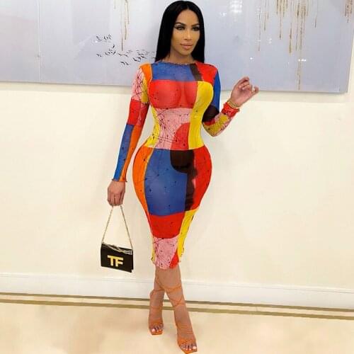 Sexy Mesh Sheer Print Long Sleeve Bodycon Dress Women Elegant Slim Sheath Knee-length Midi Dress Party Club Dresses Vestidos