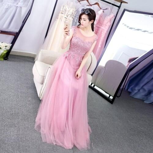 2019 Spring New Fashion Women Evening Dress Illusion O-neck a Line Prom Party Dress Appliques Beading Pink Banquet Dresses