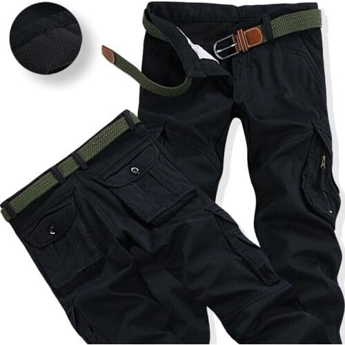 Winter Mens Pants Thick Warm Cargo Pants Casual Fleece Pockets Fur Trouser Fashion Loose Baggy Joger Worker Male Plus Size