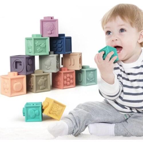 12pcs/set Baby Grasp Toy Silicone Kids Building Blocks 3D Touch Hand Soft Balls Baby Massage Rubber Teethers Squeeze Toy Blocks