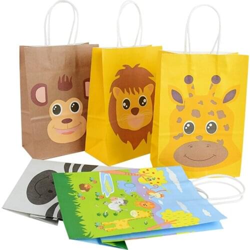 5Pcs Jungle Safari Animal Zoo Kraft Paper Candy Bag Gift Packing Tote Bag For Kids 1st Birthday Party Baby Shower Decor Supplies