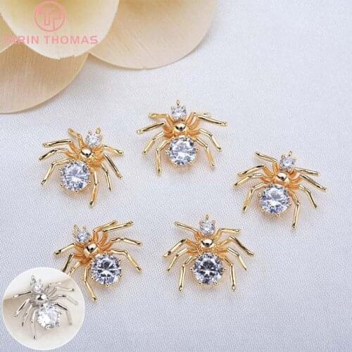 6PCS 13x14MM 24K Gold Color Plated Brass with Zircon Spider Charms Pendants High Quality Jewelry Accessories