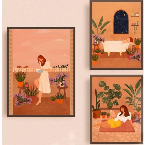 Abstract Burnt Orange Wall Art Canvas Painting Terracotta Botanical Minimalist Plant Lady In bath Posters Boho Prints Home Decor