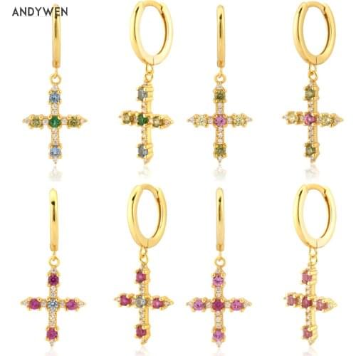 ANDYWEN 925 Sterling Silver Big Colorful Cross Piercing Drop Earring Olive Blue Pink Red Crystal Luxury Pendiente Clips Jewelry