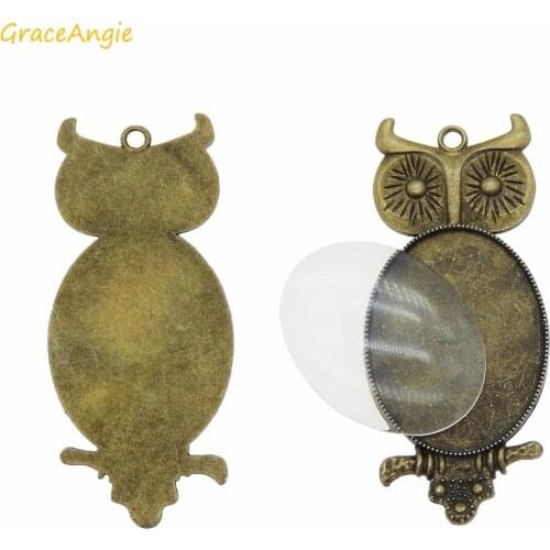 GraceAngie 1set Antique Bronze Owl Animal Setting Tray Blank Base +Glass Pendant Zinc Alloy DIY Necklace Charm Finding Accessory