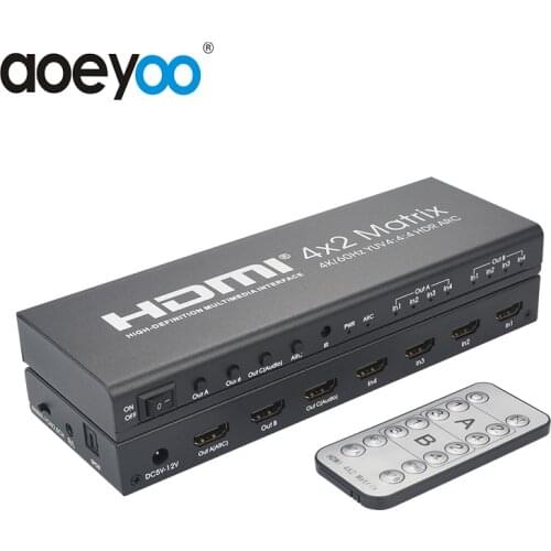AOEYOO HDMI Splitter Switcher 2.0 4x2 Matrix Support 4K/60 YUV4:4:4 HDR ARC digital video with SPDIF & Optical Toslink Remote