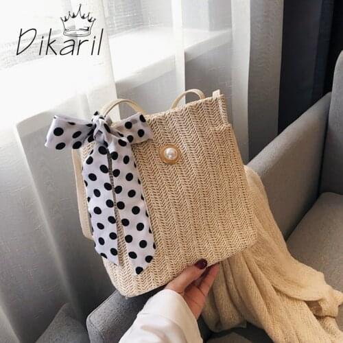 Dikaril 2021 Korean Style Casual Wicker Bag Summer Woven Straw Bags For Women Beach Bohemia Handbag Pearl Shoulder Bag With Bow