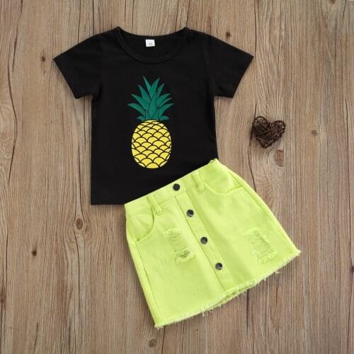 Toddler Baby Girls Clothes Set Pineapple Print Short Sleeve T-shirt + Solid Ripped Skirt Summer 2pcs Fashion Outwear Suits