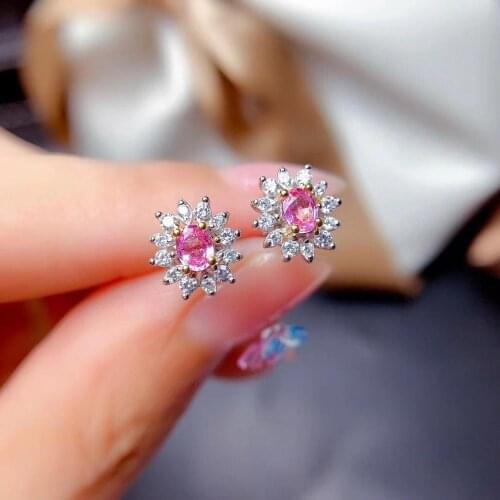 Elegant Exquisite Sun flower round Natural pink sapphire stud earrings Natural gemstone earrings S925 silver girl gift jewelry
