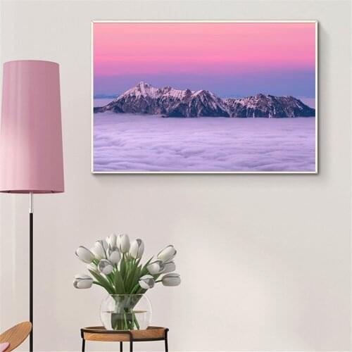 Mountain Top Cloud and Fog Long Bridge Art Picture Mountain Peak Fog Cloud Sunset Sunrise Poster Wall Modern Decorative Painting