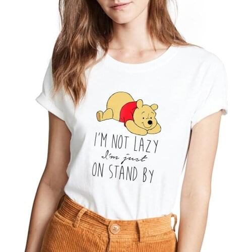 Disney Lazy Winnie the Pooh T Shirt Women Cute Ladies Fashion Clothes Graphic Tshirt Top Print Female Tee T-Shirt