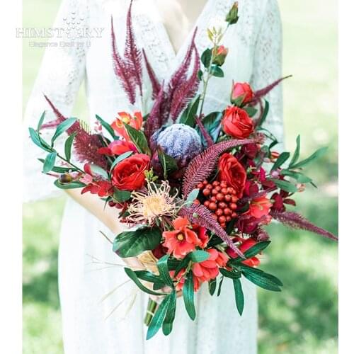 HIMSTORY Retro Red Wedding Flowers Bridal Bouquets Artificial Silk Roses Irregular Flower Wedding Brides Buquet Home Decoration
