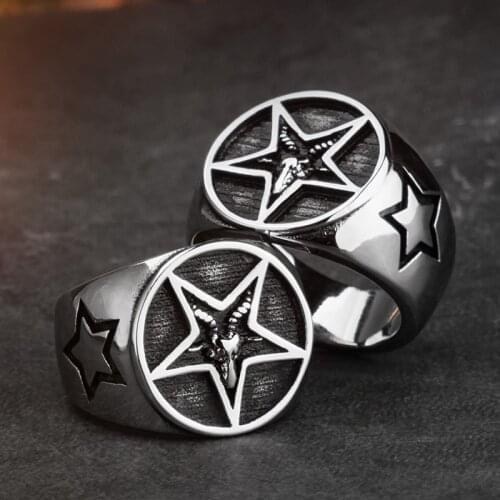 Lucifer Goat head Pentagram stainless steel rings for man and women Fallen Angel fashion jewelry