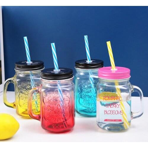 Creative Gradient Color Cute Water Bottle Portable Coffee Bottle Transparent Glass Cup Cartoon Juice Milk Tea Bottle with Straw