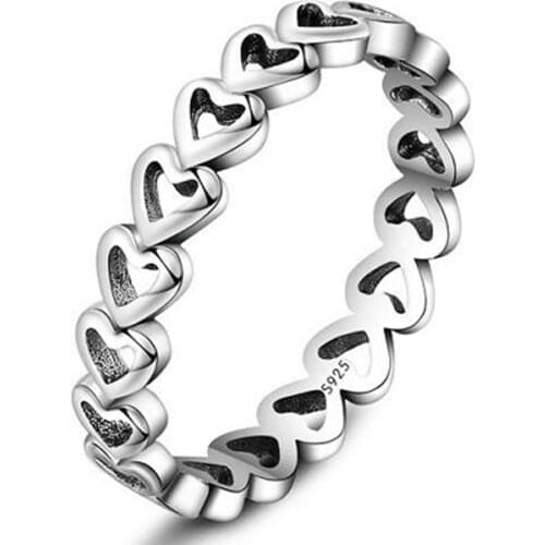 Leuxry Genuine 925 Sterling Silver Stackable Ring Heart to Heart Finger Hollow Rings for Women Wedding Anniversary Jewelry