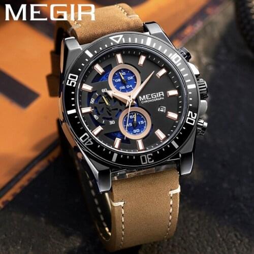 MEGIR Men Watch Waterproof Chronograph Military Army Male Clock Top Brand Luxury Genuine Leather Man Sport Wristwatch Gift 2132