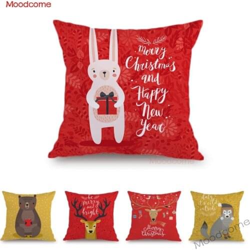 Cute Cartoon Christmas New Year Decoration Woodland Animal Deer Bunny Penguin Soft Velvet Sofa Pillow Cover Cute Cushion Cover