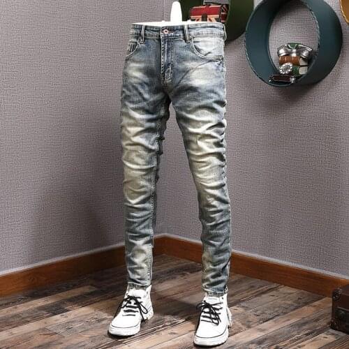 Italian Style Fashion Men Jeans High Quality Elastic Slim Fit Ripped Jeans Men Retro Blue Vintage Designer Casual Denim Pants