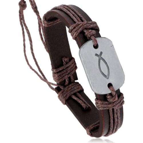 Fashion Vintage JESUS Fish Genuine Leather Bracelet Wrap Rope Charm Bangle Wristband Casual Cristiano for Men Women Jewelry Gift