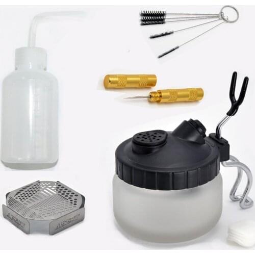 Joystar 5 Set Airbrush Cleaning Pot Holder Cleaning Glass Jar Washing Support Cleaning Brush Nozzle Repair Tools Glass Bottle