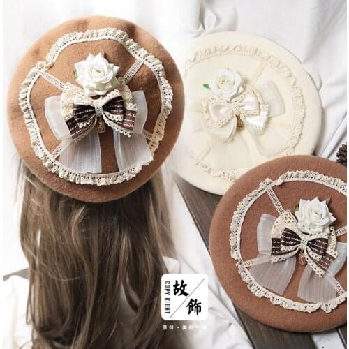 Autumn Winter Teen Girl Gorgeous Lace Flower Beret Lolita Dome Hat Vintage Sweet Lace Trim Bowknot Daily Mori Girl Painter Hat