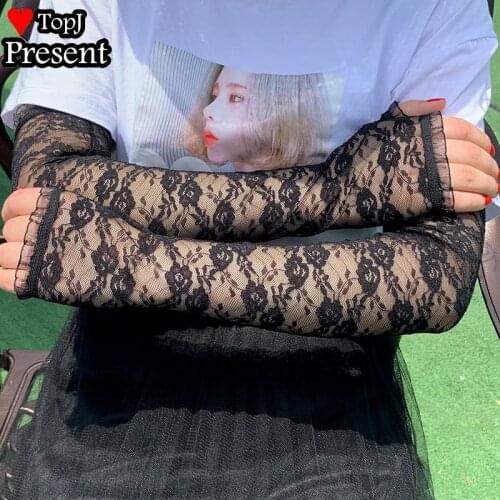 Harajuku Punk Black lace mesh Gloves Cosplay Women Half Finger Length Sleeve Gothic Fingerless thin Mittens Streetwear gloves