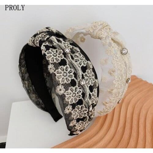 PROLY New Fashion Women Headband Wide Side Lace Pearls Hairband Fresh Star Flower Turban Middle Knot Casual Hair Accessories