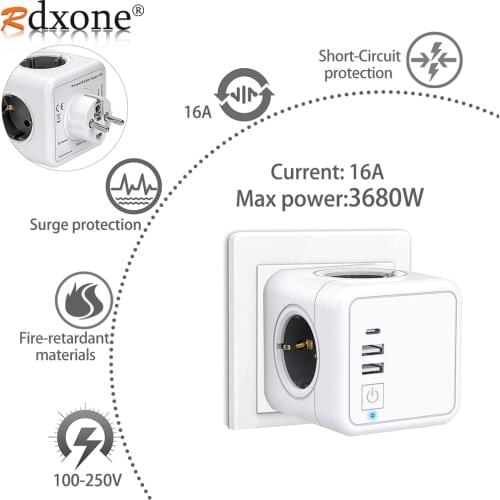 16A EU Wall Socket Power Strip with 4 AC Outlets USB Charger Adapter Overload protection Multi Socket Power Adapter