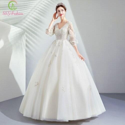 SSYFashion New Luxury Wedding Dress 3/4 Sleeves V-neck Floor-length A-line Suqines Lace Beading Bride Married Wedding Gowns