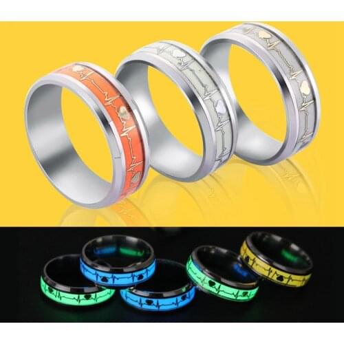 Glowing Luminous ECG Ring Stainless Steel Glowing in the Dark Wave Love Ring Female Male Wedding Aneis Jewels