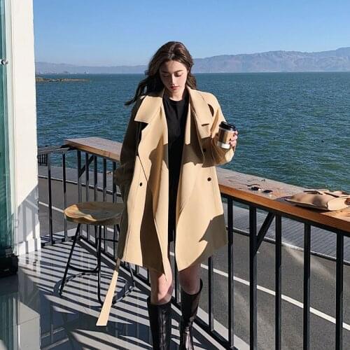 Womens Mid-Length Khaki Windbreaker Jacket 2021 New Spring Autumn Fashion Popular Hot Style Casual British Style Drape Coat MM6