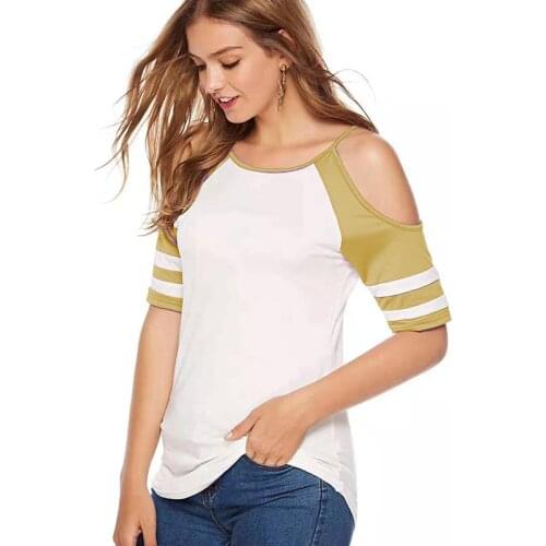Short Sleeve Off Shoulder Solid Patchwork Women Casual Summer Hot Sale T Shirt 2021 Tee Tshirt Loose Top O-neck Female T-shirts