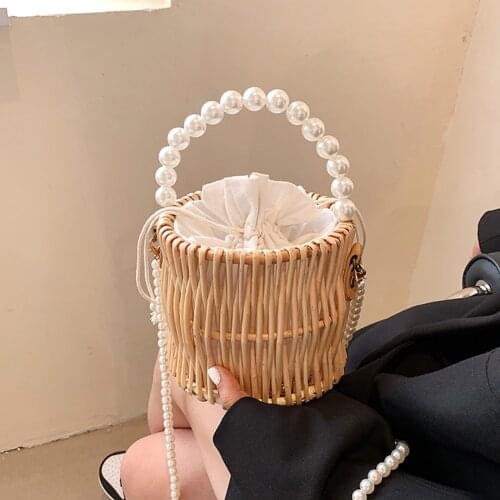 Women Summer Rattan Woven Bag Basket Shoulder Crossbody Fashion Bucket Handbags Ins Rattan Messenger Crossbody Bucket Bag