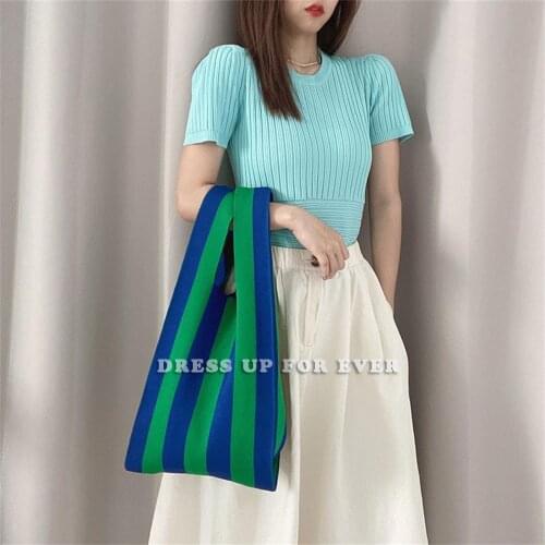 Female Woolen Knitting Clash Color Striped Shoulder Wrist Bags Vintage Chic Capacity Tote Handbag Ladies Casual Leather Straps
