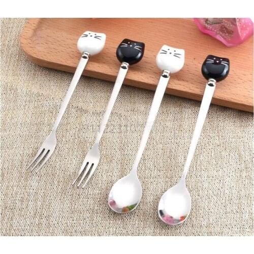 1pc Cartoon Cat Spoon Fork Long Coffee Stirring Spoon Fruit Fork Stainless Steel With Ceramic Cat Handle